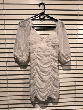 Hello Molly White Swiss Dot Ruched Puff Sleeve Mini Dress